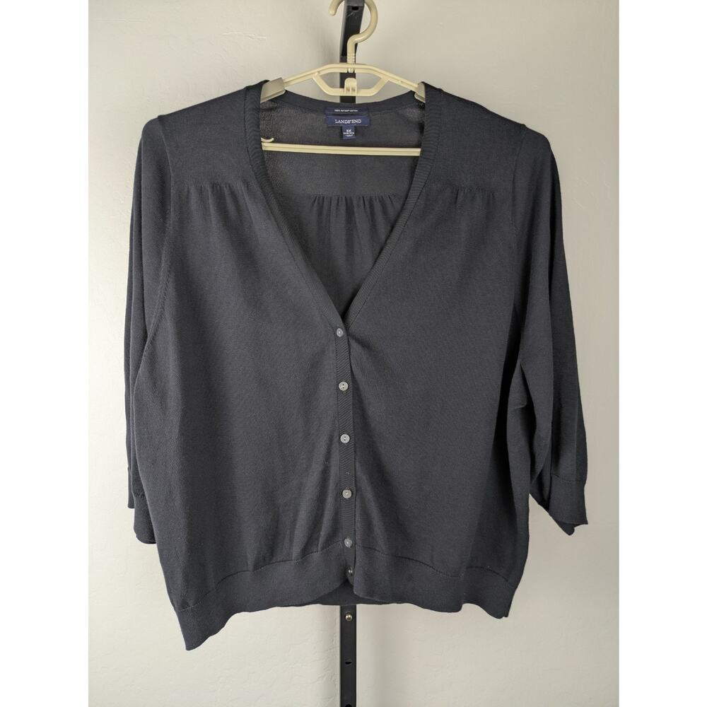 Lands' End black cardigan sweater 3/4 length sleeves 100% Supima cotton